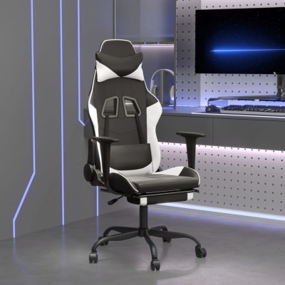 Scaun de gaming cu suport picioare, negru/alb, piele ecologică foto