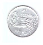 Moneda Italia 500 lire 1961, centenarul unificarii 1861-1961, stare buna, curata