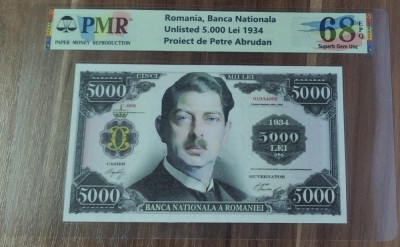 REPRODUCERE pe hartie cu filigran si fire UV proiect bancnota 5.000 Lei 1934 nr.172 foto
