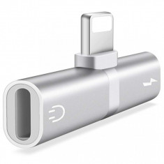 Mini Adaptor Lightning Splitter iUni dual port, pentru casti si incarcare iPhone, Silver foto