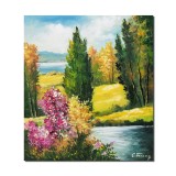 Tablou peisaj din natura pictat manual, Oaza de liniste, 45x40cm ulei pe panza