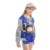 Costum de dans hip-hop pentru fete, set de 4 piese cu paiete jazz, cu șosete atașate &ndash; Albastru, mărimea 120 pentru 5-6 ani