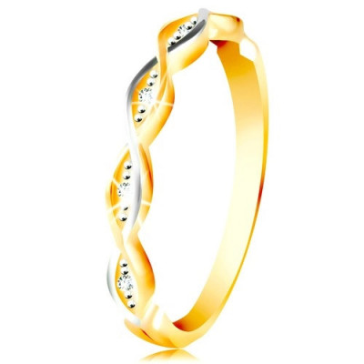 Inel din aur galben și alb de 14K - valuri &amp;icirc;mpletite cu zirconii - Marime inel: 52 foto