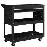 DURHAND Cărucior cu 3 Niveluri din Oțel cu Sertar, Suport Lateral pentru Unelte și M&acirc;ner, Negru | Aosom Romania