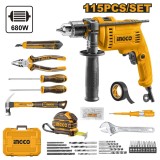 Masina de gaurit bormasina 680 w trusa accesorii 115 bucati, pentru gaurire si insurubare - Ingco HKTHP11151
