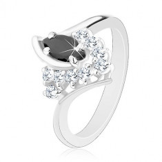 Inel de culoare argintie, braţe cu capete curbate, formă de bob negru, zirconii transparente - Marime inel: 49