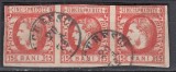 ROMANIA 1869 LP 27 REGELE CAROL I CU FAVORITI 15 BANI ROSU/FRAGMENT STRAIF 3 TIMBRE STAMPILA MICA BUCURESTI, Stampilat