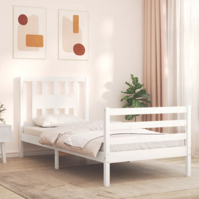 vidaXL Cadru de pat cu tăblie, alb, 90x200 cm, lemn masiv foto
