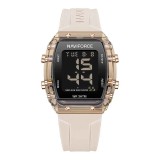 Ceas Dama Casual-Sport Quartz , Afisaj Data, Alarma, Cronometru, Carcasa Patrata Aurie, Bratara Silicon Crem