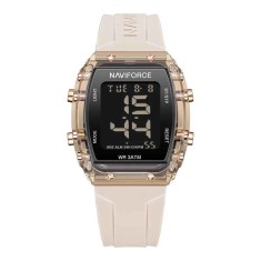 Ceas Dama Casual-Sport Quartz , Afisaj Data, Alarma, Cronometru, Carcasa Patrata Aurie, Bratara Silicon Crem