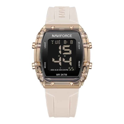 Ceas Dama Casual-Sport Quartz , Afisaj Data, Alarma, Cronometru, Carcasa Patrata Aurie, Bratara Silicon Crem foto
