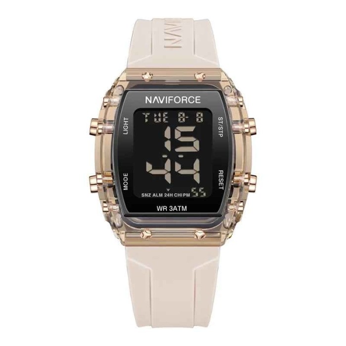 Ceas Dama Casual-Sport Quartz , Afisaj Data, Alarma, Cronometru, Carcasa Patrata Aurie, Bratara Silicon Crem