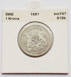 1823 Suedia 1 krona 1881 Oscar II (&quot;OCH&quot; in title) km 747 argint, Europa