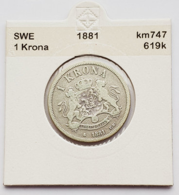 1823 Suedia 1 krona 1881 Oscar II (&amp;quot;OCH&amp;quot; in title) km 747 argint foto