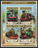 S. Tome e Principe 2017: Trenuri cu aburi - Set complet, Colita + Bloc, Timbre Straine