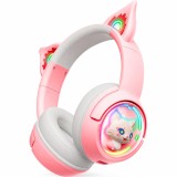 Cumpara ieftin Casti Gaming Wireless cu Urechi de Pisica, Bluetooth 5.3, Over-Ear, Surround Sound, LED, Control Volum, Roz