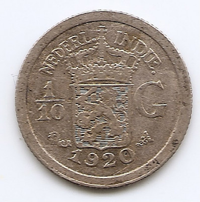 Indiile de Est Olandeze 1/10 Gulden 1920 Wilhelmina, Argint 1.25g/720,KM-311 (1) foto