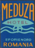 Romania anii 70-80 - Vigneta de bagaje Hotel MEDUZA din Eforie Nord, ONT Carpati, eticheta hoteliera, promovare turistica