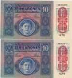 AUSTRIA UNGARIA 2 X 10 COROANE KRONEN 1915 UNC CONSECUTIVE