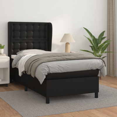 vidaXL Pat box spring cu saltea, negru, 90x190 cm, piele ecologică foto