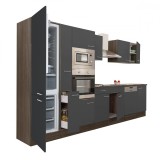 Mobilier de bucătărie Yorki 370, cu corp din stejar Yorki, fațade antracit cu finisaj satinat, cu frigider cu congelator &icirc;n partea de jos, fără blat d