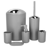 Set accesorii baie, 6 piese din plastic, cu perie WC si cos de gunoi, finisaj mat si lucios, gri argintiu Household NewTrend