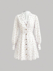Rochie mini stil camasa, cu imprimeu, alb, dama, Shein foto