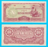 Burma (p#16) 10 Rupees 1942 aUNC+ 'Ocupaţia Japoneza' serie: BA; (ROG CITITI DETALIILE!)