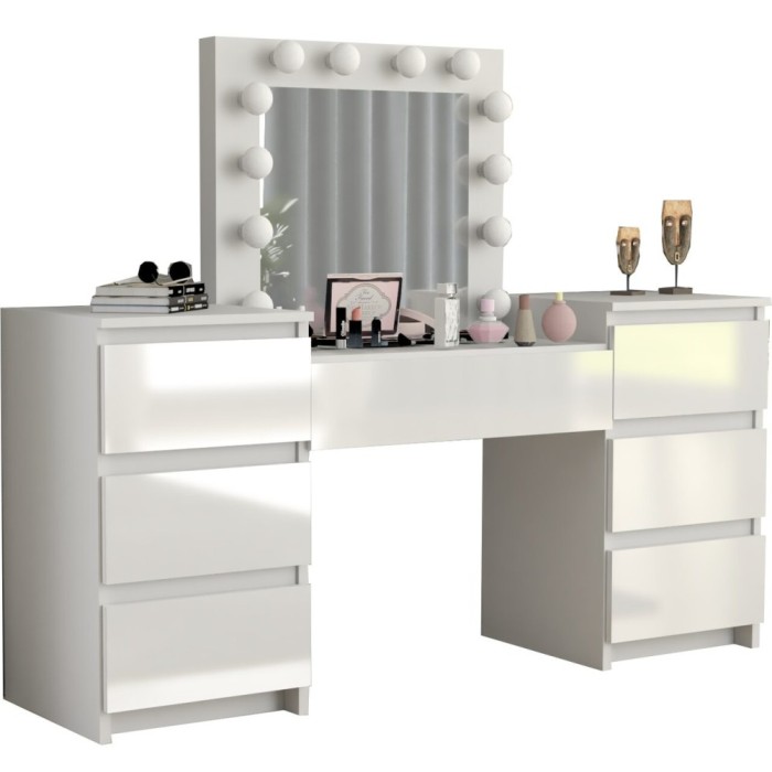 Masa de toaleta/machiaj, alba, sertare lucioase, cu oglinda si LED-uri, Silvia, 155x42x135 cm