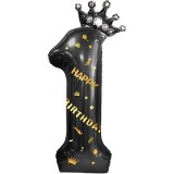 Cumpara ieftin Balon folie cifra 1 cu coroana Happy Birthday 100 cm, negru, umflare aer sau heliu, aniversare decor petrecere