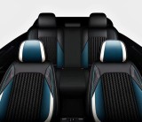 Cumpara ieftin Set Huse Auto universale lux din piele ecologica cu material textil, negru cu accent alb si albastru pentru scaune fata si spate