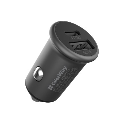 Mini incarcator auto Quick Charge ColorWay, USB+Type-C, gri foto