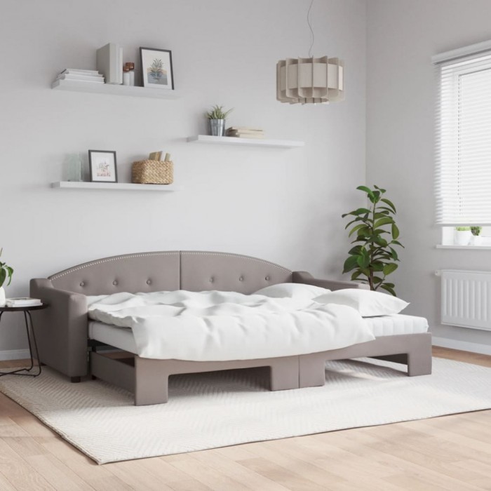 vidaXL Pat de zi cu extensie și saltele, gri taupe, 80x200 cm, textil 3197546