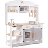 Bucatarie din lemn pentru copii cu accesorii, MDF si lemn, gri alb, 68x25x82 cm
