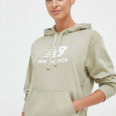 New Balance bluza femei, culoarea verde, cu glugă, cu imprimeu