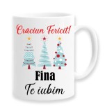 Cana alba personalizata Craciun Fericit Fina, Te iubim, INOVATIX&reg;. 330ml, Oem