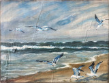 Cumpara ieftin Pescăruşi la malul mării, pictură veche pe p&acirc;nză, Marine, Ulei, Impresionism