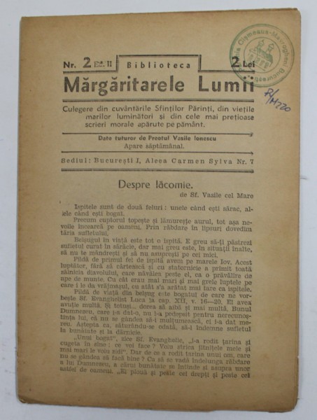 BIBLIOTECA &#039;&#039; MARGARITARELE LUMII &#039;&#039; NR. 2 , REVISTA TEOLOGICA , EDITIE INTERBELICA
