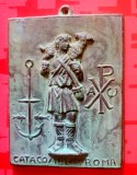 H341-Aplica Icoana mica CATACOMBELE din ROMA basorelief- Pastor- prb IISUS HRISTOS cu miel in spate lateral insemne crestine Biserica Primara.