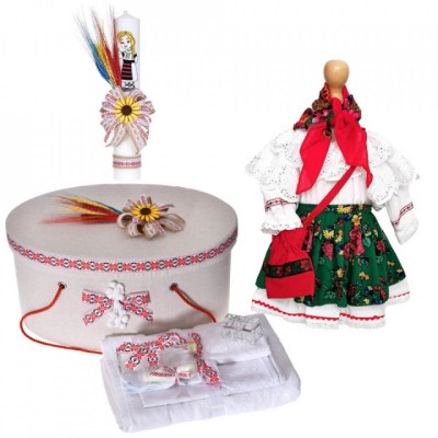 Set costum national rochita, trusou botez, cutie trusou si lumanare, decor foto