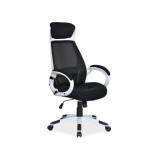 Scaun directorial cu mesh SL Q409, cadru poliproprilena, tetiera integrata, mecanism balans, rotire 360 ˚, alb/negru