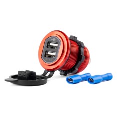 Incarcator auto/moto rezistent la apa AMiO MOD-10 cu 2xUSB, 12/24V, carcasa din aluminiu, iluminare rosie, pentru motociclete, quads, barci,
