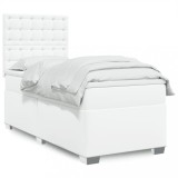 VidaXL Pat box spring cu saltea, alb, 90x190 cm, piele ecologică