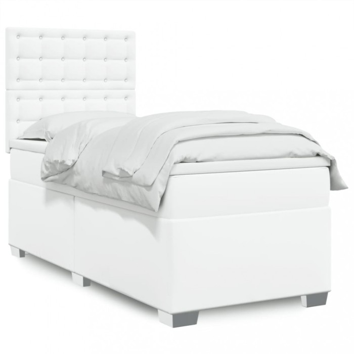 vidaXL Pat box spring cu saltea, alb, 90x190 cm, piele ecologică
