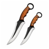 Cumpara ieftin Set doua cutite supravietuire DEPOX&reg;, lama din otel inoxidabil, maner din lemn, teaca piele naturala, 27 cm/20 cm