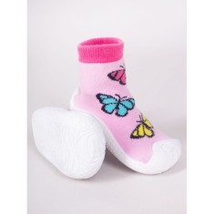 Mocasini pentru copii cu talpă antiderapantă &ndash; Design fluturi colorați pe fond