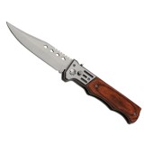 Cumpara ieftin Cutit pliabil de buzunar turistic, 21 cm, maner din lemn, deschidere la buton, husa, Oem