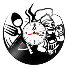 Ceas de perete din disc vinil, Tematică Bucătărie / Chef, Design Retro cu Bucătar și Tac&acirc;muri, Negru