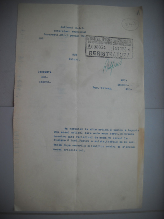 HOPCT DOCUMENT VECHI 347 MINISTERUL INDUSTRIEI COMERT EXTERIOR /BUCURESTI 1936