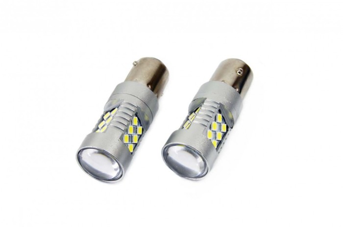 Set becuri auto cu LED CANBUS P21W BA15S 24 SMD 6.2W Alb 12/24V